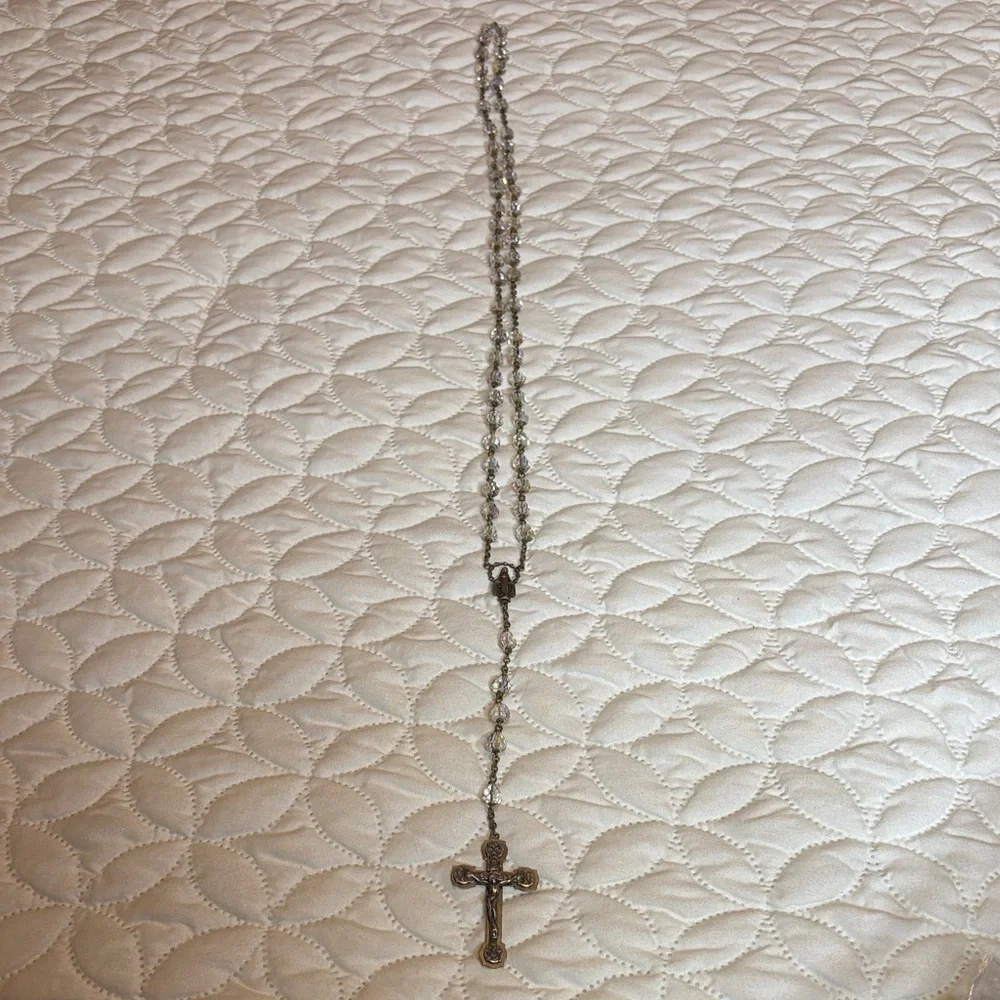 INRI Elegant Rosary Necklace w/Silver Tone Cross, Chain and Accents Clear Beads